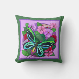 Cojín Decorativo Floral colorida con mariposa; púrpura sobre verde