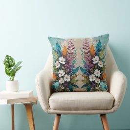 Cojín Decorativo Floral colorida sobre beige azul Verde azulado