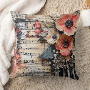 Cojín Decorativo Floral con claves de piano rústicas y hoja de músi