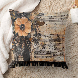 Cojín Decorativo Floral con claves de piano rústicas y hoja de músi