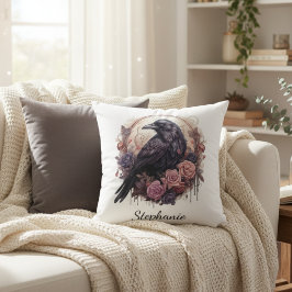 Cojín Decorativo Floral Cuervo Gótico Academia Oscura