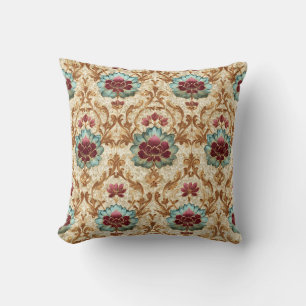 Cojín Decorativo Floral Damask Antiguo en Turquesa y Burdeos