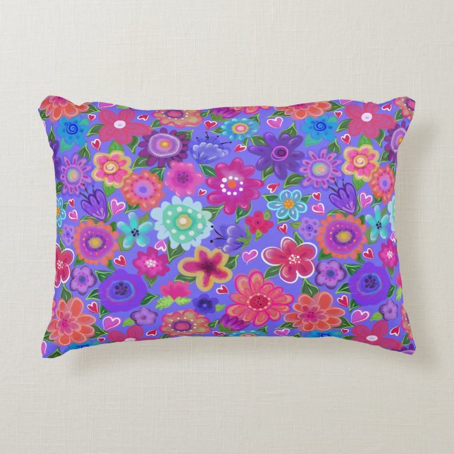 Cojín Decorativo Floral de boho pintado brillante en azul perwinkle (Anverso)