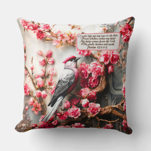 Cojín Decorativo Floral de cerezo rosa con verso de pájaro y biblia