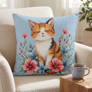 Cojín Decorativo Floral de Cottagecore Gato Sereno Felino Botánico