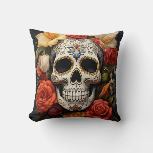 Cojín decorativo floral de cráneo azucarero
