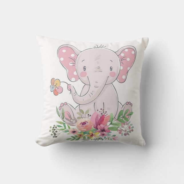 Cojín decorativo floral de Elefante Rosa (Anverso)