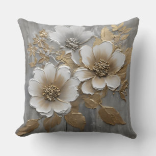 Cojín Decorativo Floral de granja gris y dorado neutro