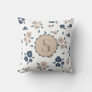 Cojín Decorativo Floral de granja Monograma Azul Beige País Rústico