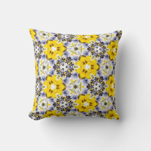 Cojín Decorativo Floral de Kaleidoscopio en amarillo, azul, gris