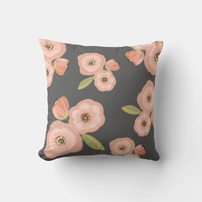 Cojín decorativo floral de la acuarela gris y (Anverso)