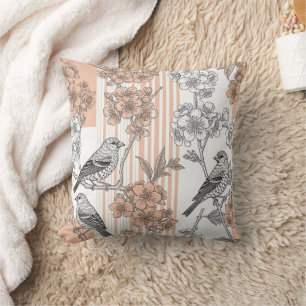 Cojín Decorativo Floral de Pájaro Elegante con Raya de Melocotón (1