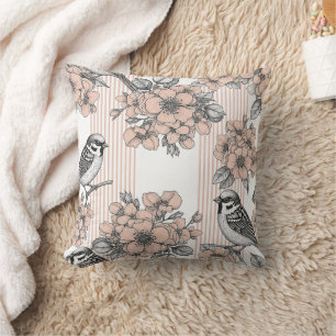 Cojín Decorativo Floral de Pájaro Vintage Estampado a Rayas (1)