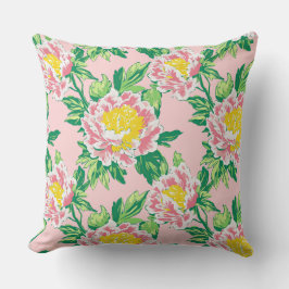 Cojín Decorativo Floral de peonía rosa y amarilla vintage grande