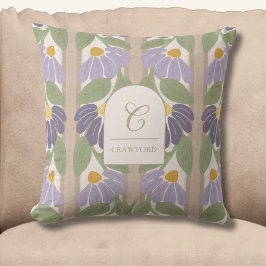 Cojín Decorativo Floral de rayas púrpura y beige con monograma