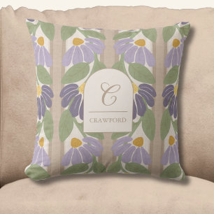 Cojín Decorativo Floral de rayas púrpura y beige con monograma
