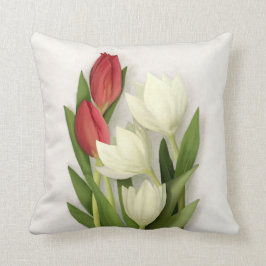 Cojín decorativo floral de tulipanes rojos y blanc