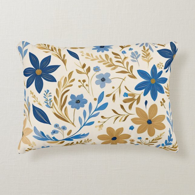 Cojín Decorativo Floral dorada azul y blanca (Anverso)