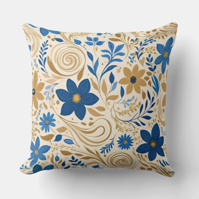 Cojín Decorativo Floral dorada azul y blanca con remolinos (Anverso)