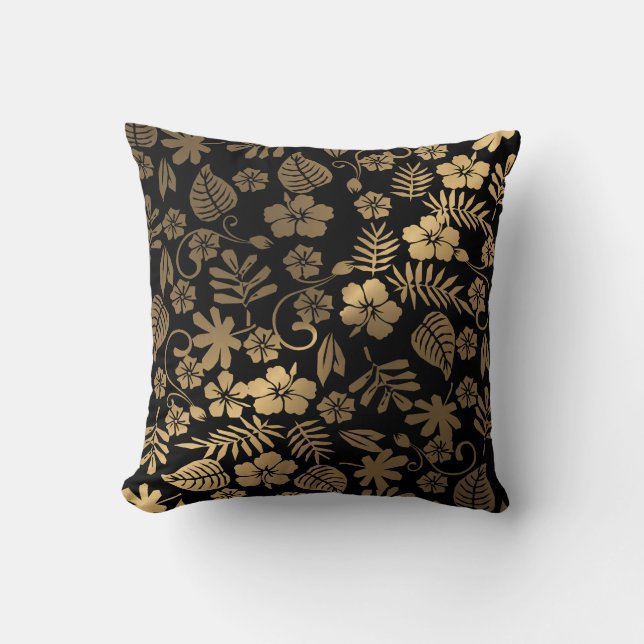 Cojín Decorativo Floral dorado sobre negro (Anverso)
