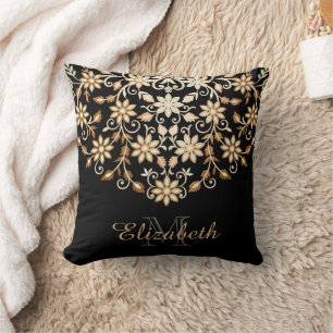 Cojín Decorativo Floral elegante de color negro y oro