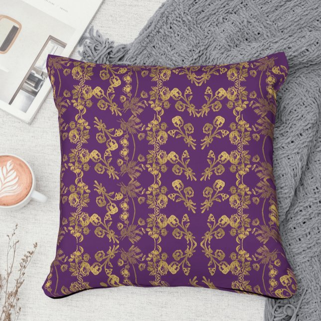 Cojín Decorativo Floral elegante dorada Damask sobre morado (Subido por el creador)