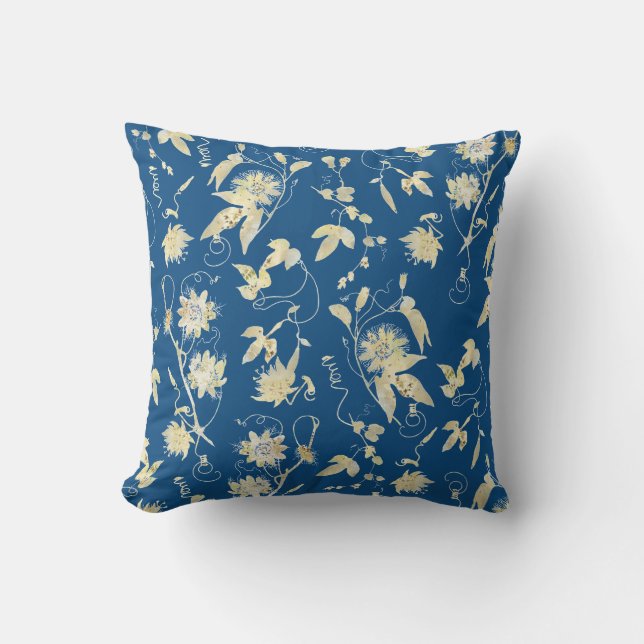 Cojín Decorativo Floral elegante sobre azul clásico (Anverso)