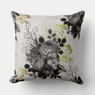 Cojín Decorativo Floral Ephemera de oro y negro
