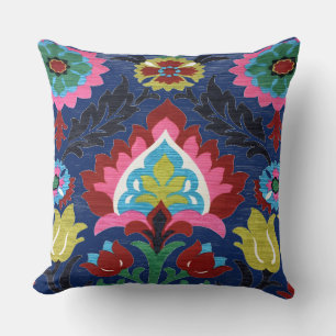 Cojín Decorativo Floral Folk Colorido Azul Oscuro
