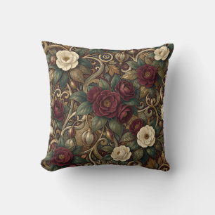 Cojín Decorativo Floral Granate Ornamental y Linterna Dorada Vintag