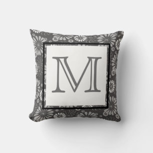 Cojín Decorativo Floral gris blanco negro monograma