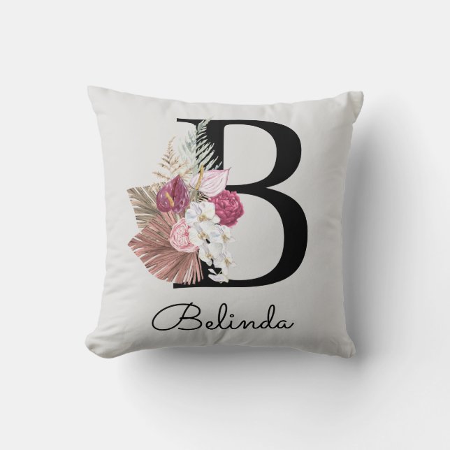 Cojín Decorativo Floral Inicial B Moderna Rosa Monogramada (Anverso)