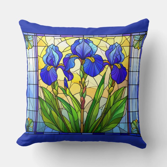 Cojín decorativo floral Iris azul artístico (Anverso)