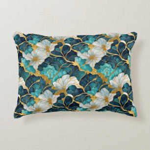 Cojín Decorativo Floral Japonés Verde Teal Dorado
