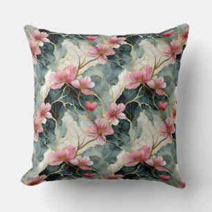 Cojín Decorativo Floral japonesa, rosa con oro