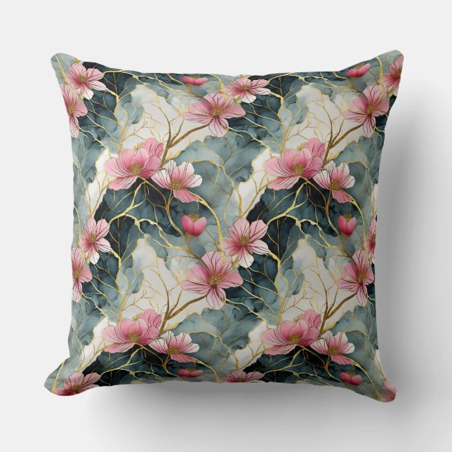 Cojín Decorativo Floral japonesa, rosa con oro (Anverso)