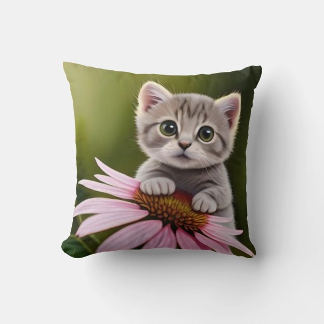 Cojín Decorativo Floral lindo gato gris (Anverso)