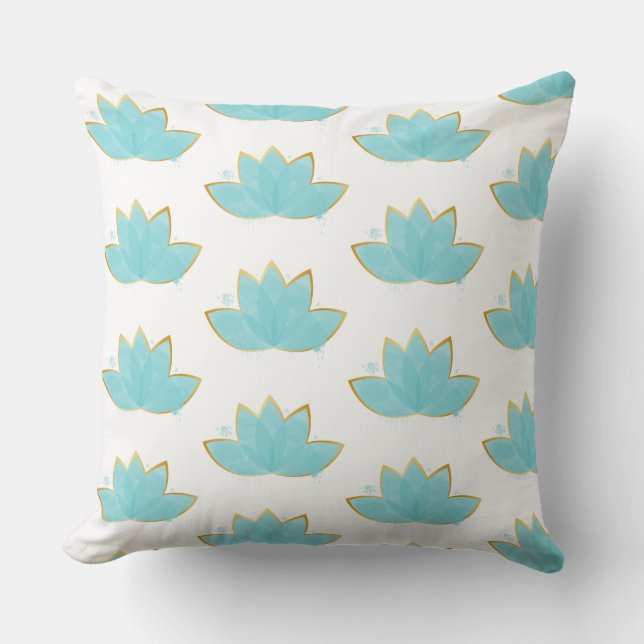 Cojín Decorativo Floral Lotus acuarela Seafoam Blue & Faux Gold (Anverso)