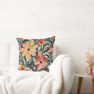 Cojín Decorativo Floral moderna de color azul y Naranja