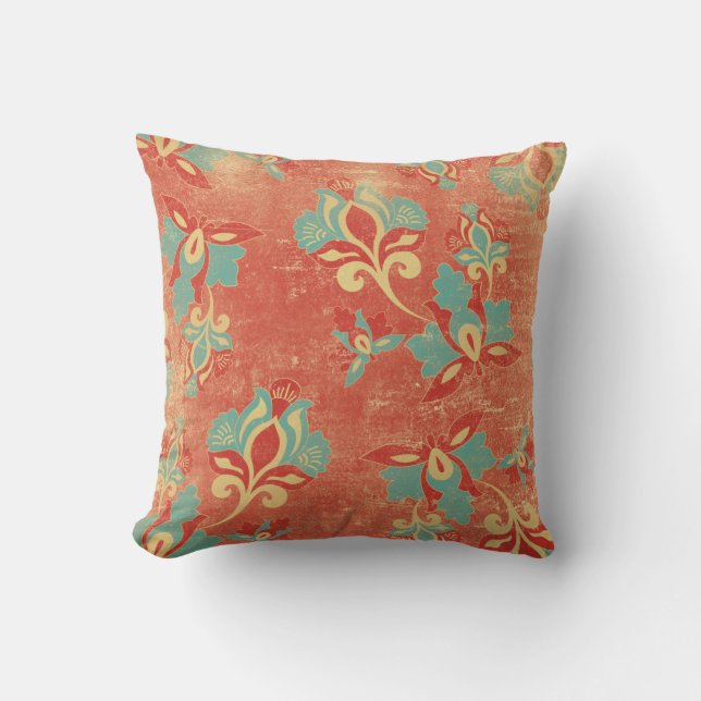 Cojín decorativo floral Naranja turquesa Art Nouve (Anverso)