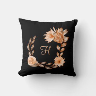 Cojín Decorativo Floral negro, marrón y melocotón monogramado