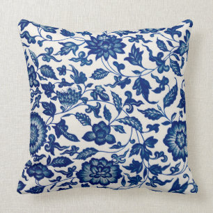 Cojín decorativo floral ornamental azul chino