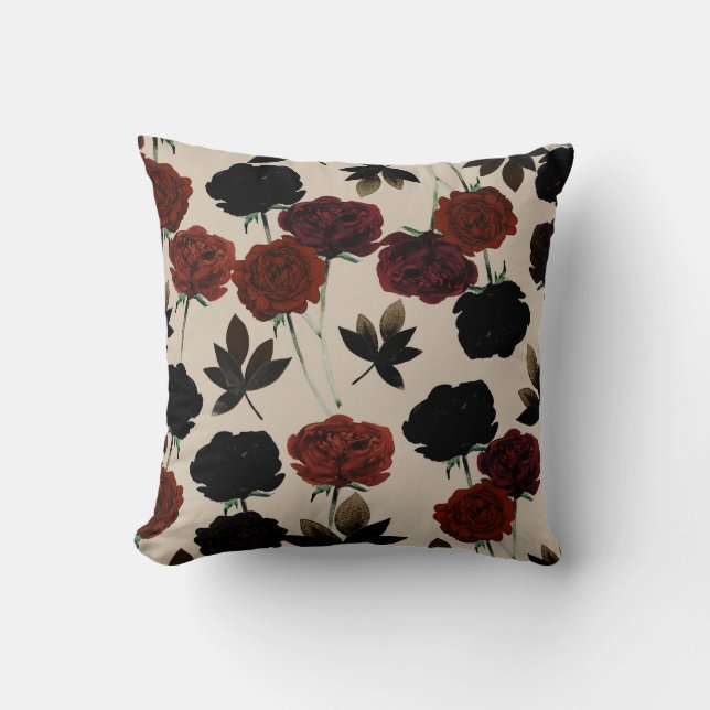 Cojín Decorativo Floral Oscuro Audaz Rojo y Beige Negro Botánico (Anverso)