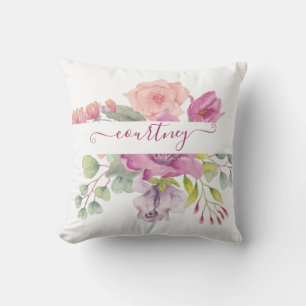 Cojín Decorativo Floral personalizada con acuarela rosa y melocotón
