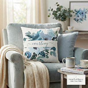 Cojín Decorativo Floral personalizado acuarela azul verdoso y azul