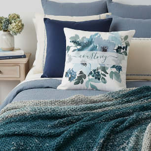 Cojín Decorativo Floral personalizado acuarela en azul teal y azul