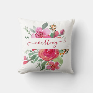 Cojín Decorativo Floral personalizado de acuarela rosa 
