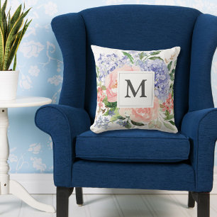 Cojín Decorativo Floral Primaveral Rosa Azul Aquarela Monogramada