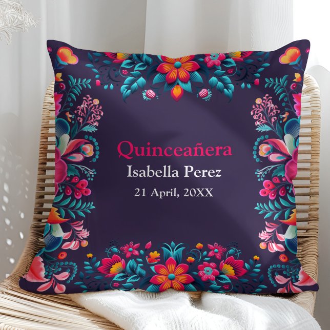 Cojín Decorativo Floral Quinceanera Purple Mexican Fiesta Cumpleaño (Floral Quinceanera Purple Mexican Fiesta Birthday Throw Pillow on a sunny rattan chair.)