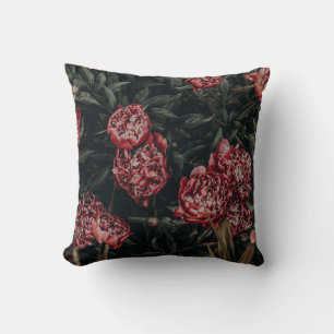 Cojín decorativo floral rojo oscuro y verde